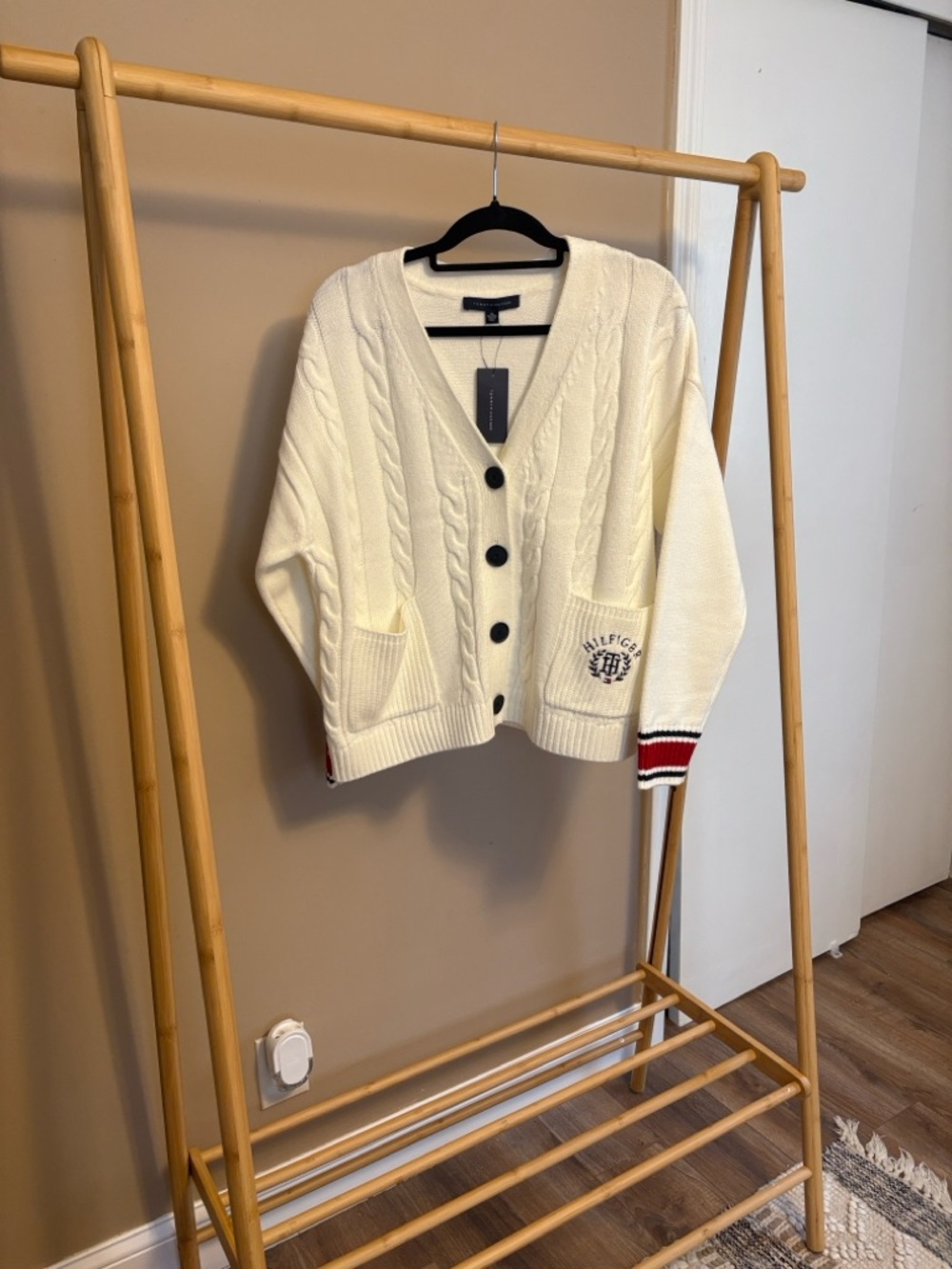 Tommy Hilfiger Ivory Cable-Knit Cardigan with Stripe Cuffs